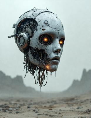 The primary subject of the image is a futuristic robot head with glowing eyes. The robot head is prominently displayed in the foreground, with a backdrop of a rocky landscape. The visual style of the image is a combination of photo and digital art, creating a unique and intriguing scene. The colors and mood of the image are dark and mysterious, with the glowing eyes of the robot head adding a sense of intensity and otherworldliness to the overall atmosphere.